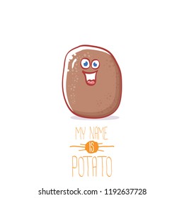 vector brown cute little kawaii potato cartoon character isolated on white background. My name is potato vector concept illustration. funky summer vegetable food kids character