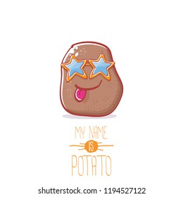 vector brown cute little kawaii potato cartoon character with sunglasses isolated on white background. My name is potato vector concept illustration. funky summer smiling vegetable food kids character