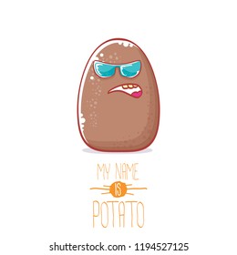 vector brown cute little kawaii potato cartoon character with sunglasses isolated on white background. My name is potato vector concept illustration. funky summer smiling vegetable food kids character