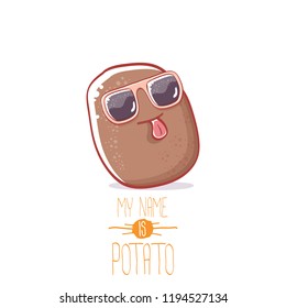 vector brown cute little kawaii potato cartoon character with sunglasses isolated on white background. My name is potato vector concept illustration. funky summer smiling vegetable food kids character