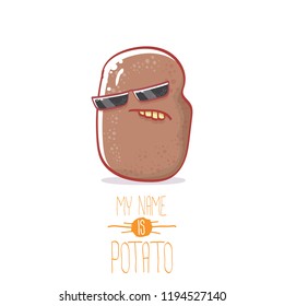 vector brown cute little kawaii potato cartoon character with sunglasses isolated on white background. My name is potato vector concept illustration. funky summer smiling vegetable food kids character