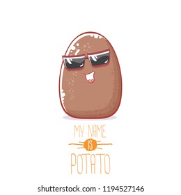 vector brown cute little kawaii potato cartoon character with sunglasses isolated on white background. My name is potato vector concept illustration. funky summer smiling vegetable food kids character