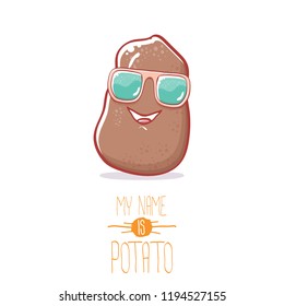 vector brown cute little kawaii potato cartoon character with sunglasses isolated on white background. My name is potato vector concept illustration. funky summer smiling vegetable food kids character