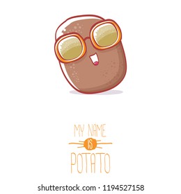 vector brown cute little kawaii potato cartoon character with sunglasses isolated on white background. My name is potato vector concept illustration. funky summer smiling vegetable food kids character