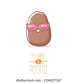 vector brown cute little kawaii potato cartoon character with sunglasses isolated on white background. My name is potato vector concept illustration. funky summer smiling vegetable food kids character