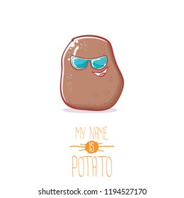 vector brown cute little kawaii potato cartoon character with sunglasses isolated on white background. My name is potato vector concept illustration. funky summer smiling vegetable food kids character