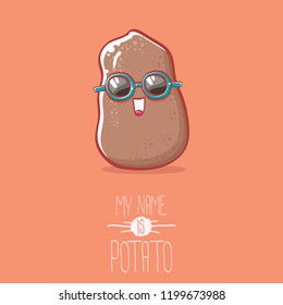 vector brown cute little kawaii potato cartoon character with sunglasses isolated on orang background. My name is potato vector concept illustration. funky summer smiling vegetable food kids character