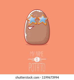 vector brown cute little kawaii potato cartoon character with sunglasses isolated on orang background. My name is potato vector concept illustration. funky summer smiling vegetable food kids character