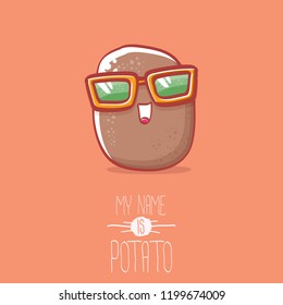 vector brown cute little kawaii potato cartoon character with sunglasses isolated on orang background. My name is potato vector concept illustration. funky summer smiling vegetable food kids character