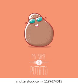 vector brown cute little kawaii potato cartoon character with sunglasses isolated on orang background. My name is potato vector concept illustration. funky summer smiling vegetable food kids character