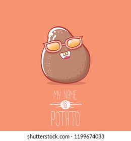 vector brown cute little kawaii potato cartoon character with sunglasses isolated on orang background. My name is potato vector concept illustration. funky summer smiling vegetable food kids character