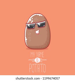 vector brown cute little kawaii potato cartoon character with sunglasses isolated on orang background. My name is potato vector concept illustration. funky summer smiling vegetable food kids character