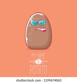 vector brown cute little kawaii potato cartoon character with sunglasses isolated on orang background. My name is potato vector concept illustration. funky summer smiling vegetable food kids character