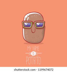 vector brown cute little kawaii potato cartoon character with sunglasses isolated on orang background. My name is potato vector concept illustration. funky summer smiling vegetable food kids character