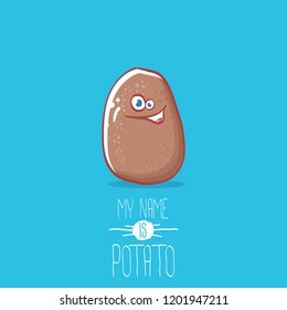 vector brown cute little kawaii baby potato cartoon character isolated on blue background. My name is potato vector concept illustration. funky summer vegetable food kids character