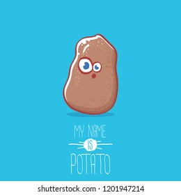 vector brown cute little kawaii baby potato cartoon character isolated on blue background. My name is potato vector concept illustration. funky summer vegetable food kids character