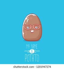 vector brown cute little kawaii baby potato cartoon character isolated on blue background. My name is potato vector concept illustration. funky summer vegetable food kids character