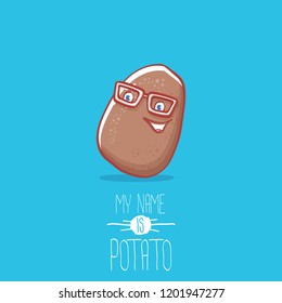 vector brown cute little kawaii baby potato cartoon character isolated on blue background. My name is potato vector concept illustration. funky summer vegetable food kids character