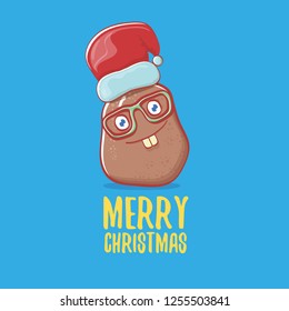 vector brown cute little kawaii santa claus potato cartoon characters with red santa hat and calligraphic merry christmas text isolated on blue background. funky little christmas character