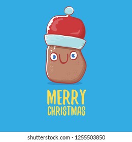 vector brown cute little kawaii santa claus potato cartoon characters with red santa hat and calligraphic merry christmas text isolated on blue background. funky little christmas character