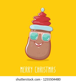 vector brown cute little kawaii santa claus potato cartoon characters with red santa hat and calligraphic merry christmas text isolated on orange background. funky christmas character