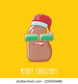 vector brown cute little kawaii santa claus potato cartoon characters with red santa hat and calligraphic merry christmas text isolated on orange background. funky christmas character