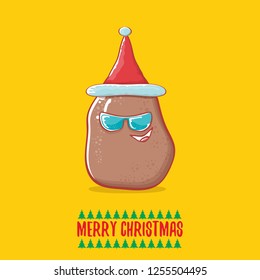 vector brown cute little kawaii santa claus potato cartoon characters with red santa hat and calligraphic merry christmas text isolated on orange background. funky christmas character