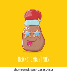 vector brown cute little kawaii santa claus potato cartoon characters with red santa hat and calligraphic merry christmas text isolated on orange background. funky christmas character
