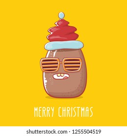 vector brown cute little kawaii santa claus potato cartoon characters with red santa hat and calligraphic merry christmas text isolated on orange background. funky christmas character
