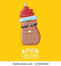vector brown cute little kawaii santa claus potato cartoon characters with red santa hat and calligraphic merry christmas text isolated on orange background. funky christmas character