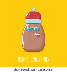 vector brown cute little kawaii santa claus potato cartoon characters with red santa hat and calligraphic merry christmas text isolated on orange background. funky christmas character