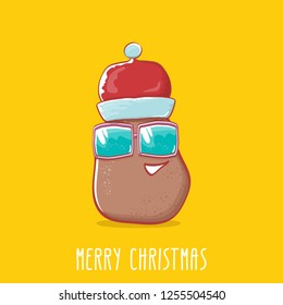 vector brown cute little kawaii santa claus potato cartoon characters with red santa hat and calligraphic merry christmas text isolated on orange background. funky christmas character