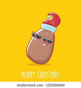 vector brown cute little kawaii santa claus potato cartoon characters with red santa hat and calligraphic merry christmas text isolated on orange background. funky christmas character