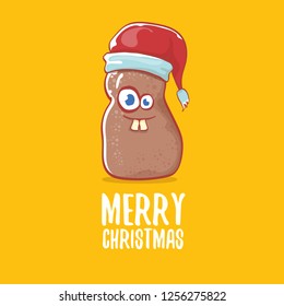 vector brown cute little kawaii santa claus potato cartoon characters with red santa hat and calligraphic merry christmas text isolated on orange background. funky christmas character