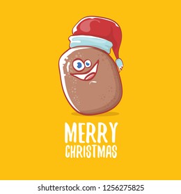 vector brown cute little kawaii santa claus potato cartoon characters with red santa hat and calligraphic merry christmas text isolated on orange background. funky christmas character