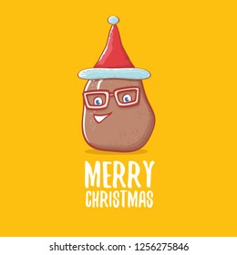 vector brown cute little kawaii santa claus potato cartoon characters with red santa hat and calligraphic merry christmas text isolated on orange background. funky christmas character