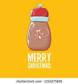vector brown cute little kawaii santa claus potato cartoon characters with red santa hat and calligraphic merry christmas text isolated on orange background. funky christmas character