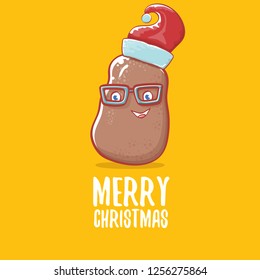 vector brown cute little kawaii santa claus potato cartoon characters with red santa hat and calligraphic merry christmas text isolated on orange background. funky christmas character