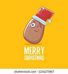 vector brown cute little kawaii santa claus potato cartoon characters with red santa hat and calligraphic merry christmas text isolated on orange background. funky christmas character