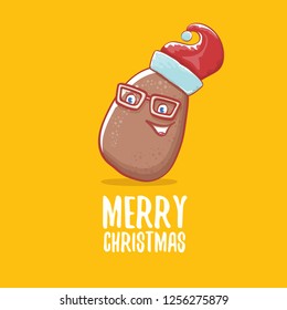 vector brown cute little kawaii santa claus potato cartoon characters with red santa hat and calligraphic merry christmas text isolated on orange background. funky christmas character