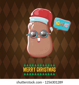 vector brown cute little kawaii santa claus potato cartoon characters with red santa hat and calligraphic merry christmas text isolated on brown pattern background. funky christmas character