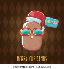 vector brown cute little kawaii santa claus potato cartoon characters with red santa hat and calligraphic merry christmas text isolated on brown pattern background. funky christmas character