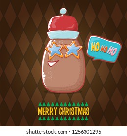 vector brown cute little kawaii santa claus potato cartoon characters with red santa hat and calligraphic merry christmas text isolated on brown pattern background. funky christmas character