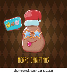 vector brown cute little kawaii santa claus potato cartoon characters with red santa hat and calligraphic merry christmas text isolated on brown pattern background. funky christmas character