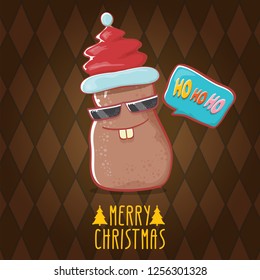 vector brown cute little kawaii santa claus potato cartoon characters with red santa hat and calligraphic merry christmas text isolated on brown pattern background. funky christmas character