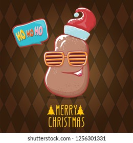 vector brown cute little kawaii santa claus potato cartoon characters with red santa hat and calligraphic merry christmas text isolated on brown pattern background. funky christmas character