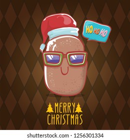 vector brown cute little kawaii santa claus potato cartoon characters with red santa hat and calligraphic merry christmas text isolated on brown pattern background. funky christmas character