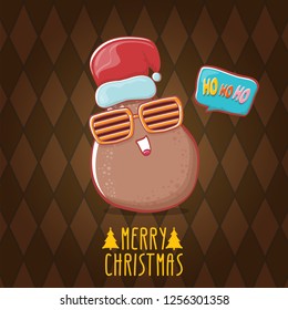 vector brown cute little kawaii santa claus potato cartoon characters with red santa hat and calligraphic merry christmas text isolated on brown pattern background. funky christmas character