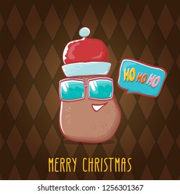 vector brown cute little kawaii santa claus potato cartoon characters with red santa hat and calligraphic merry christmas text isolated on brown pattern background. funky christmas character