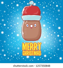 vector brown cute little kawaii santa claus potato cartoon characters with red santa hat and calligraphic merry christmas text isolated on blue background with falling snow. funky christmas character